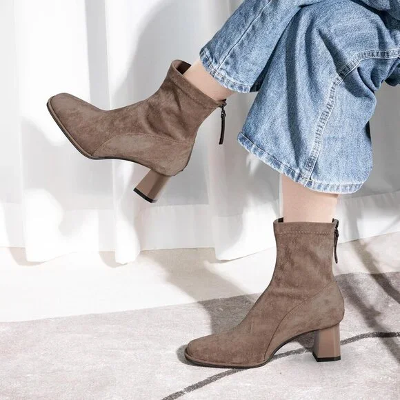 Women's Square Toe Ankle Chestnut Boot Faux Suede Low Brown Heel Chelsea Shoes - Picture 8 of 9